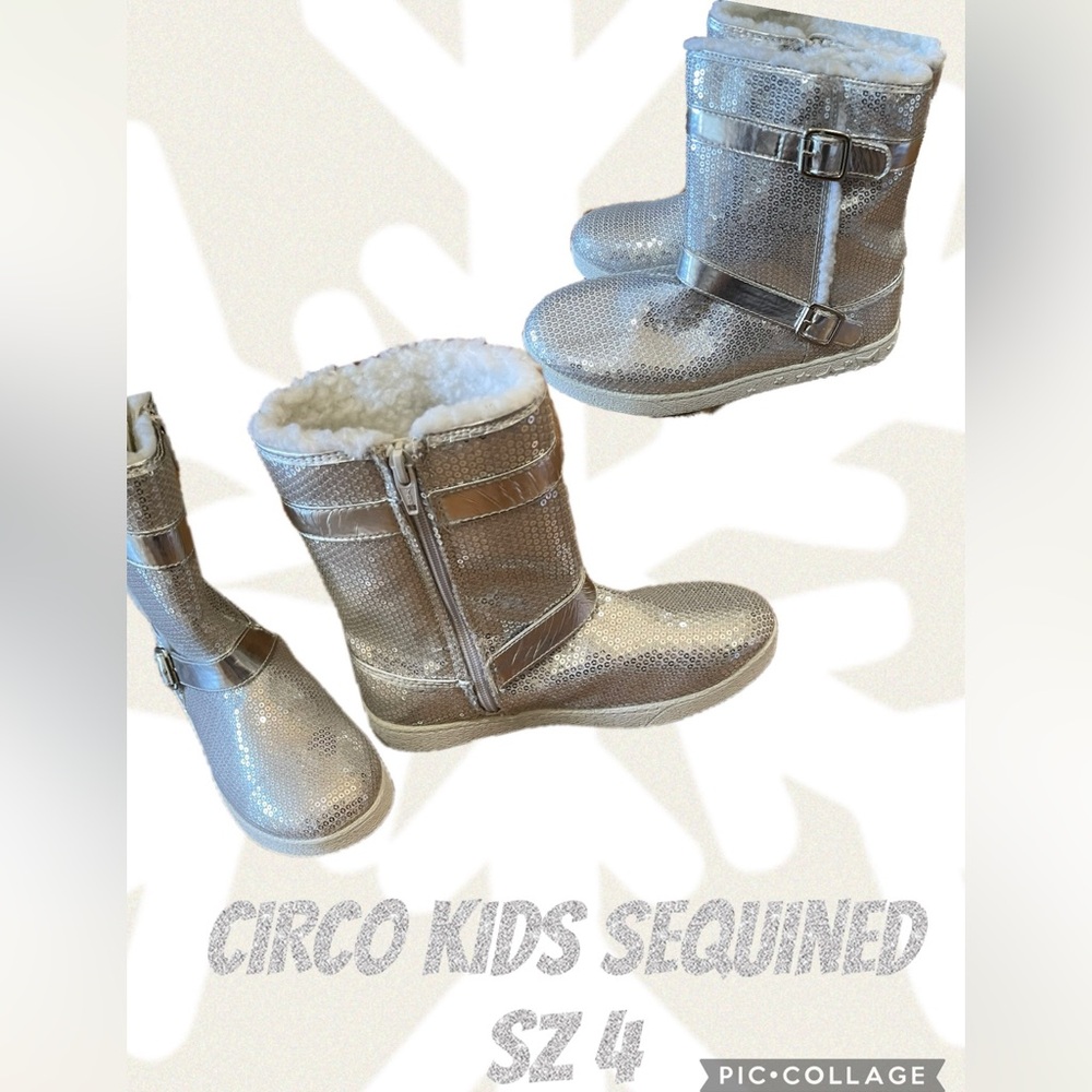 NWOT~Circo girls sequined silvery boots side buckle SZ:4 fur lined Barely Worn